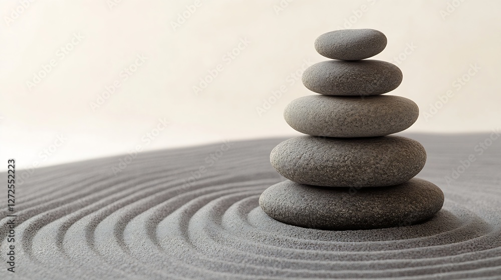 Poster tranquil zen garden stones arranged in harmony with gentle raked sand patterns : generative ai