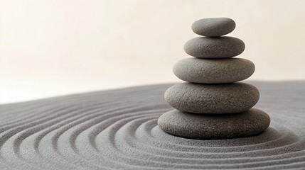 Tranquil Zen Garden Stones Arranged in Harmony with Gentle Raked Sand Patterns : Generative AI