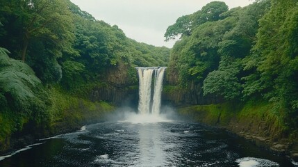 Lush rainforest waterfall cascade, nature background, travel poster