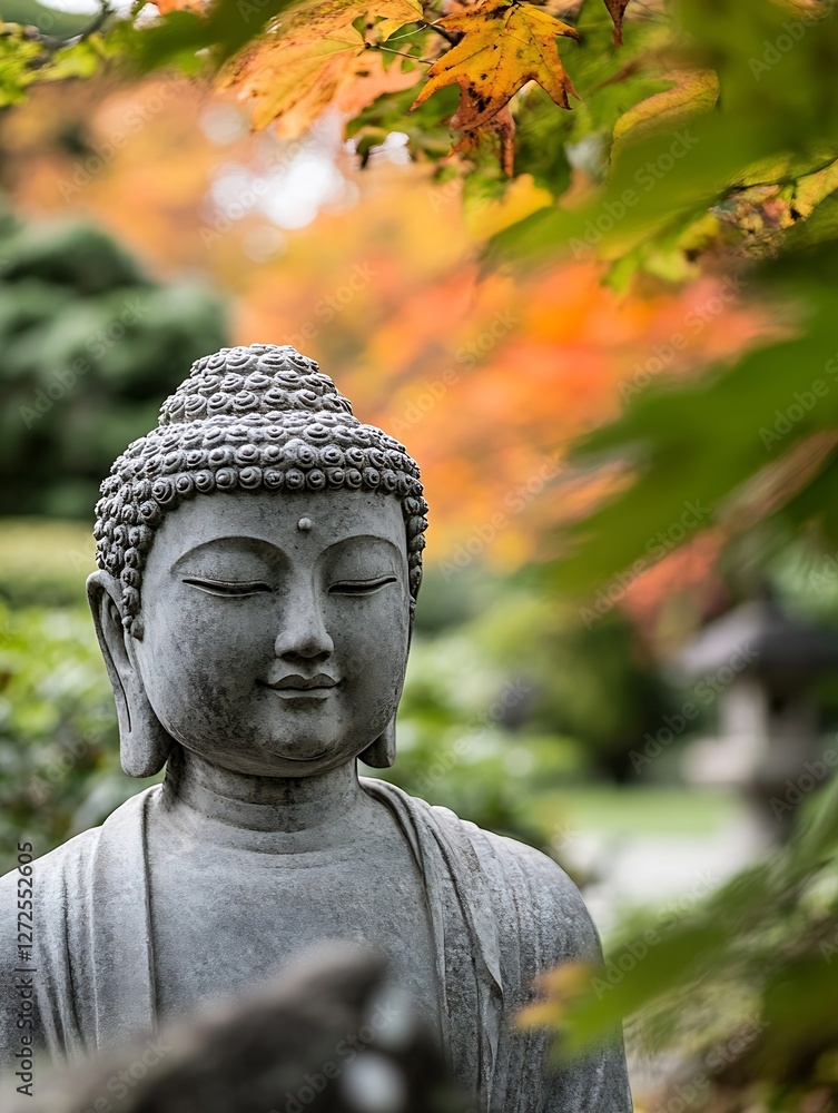 Poster serene buddha statue surrounded by colorful fall foliage in tranquil garden setting : generative ai