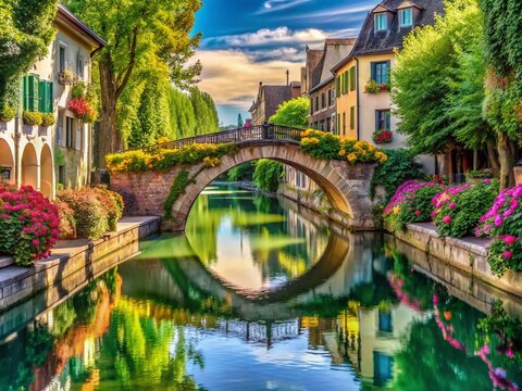 Picturesque Pont du Halage du Tounis Canal Bridge, France - Scenic Landscape Stock Photo