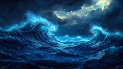 Fototapeta premium Surreal ocean of liquid light. Dreamlike Phosphorescent Waves. Illustration