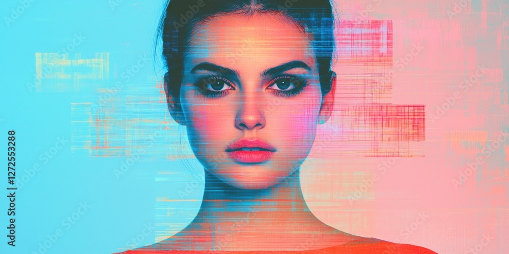 Poster artificial intelligence in art concepts. vibrant portrait with digital distortion effects in bright 