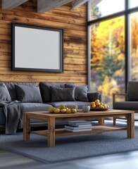 Fototapeta premium Cozy living room interior with wooden walls, minimalist furniture, and autumn view through large windows