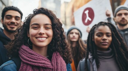 A diverse group of people standing with coat hanger symbols in front of a protest banner. Soft lighting adds emphasis to their unity