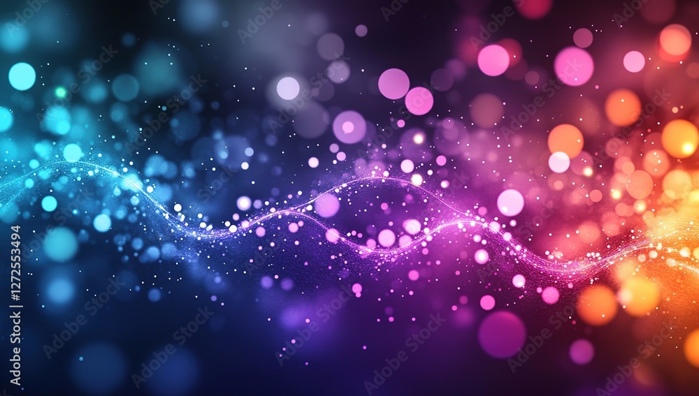 Poster vibrant particle waves flowing dynamically across a dark background with bokeh effects