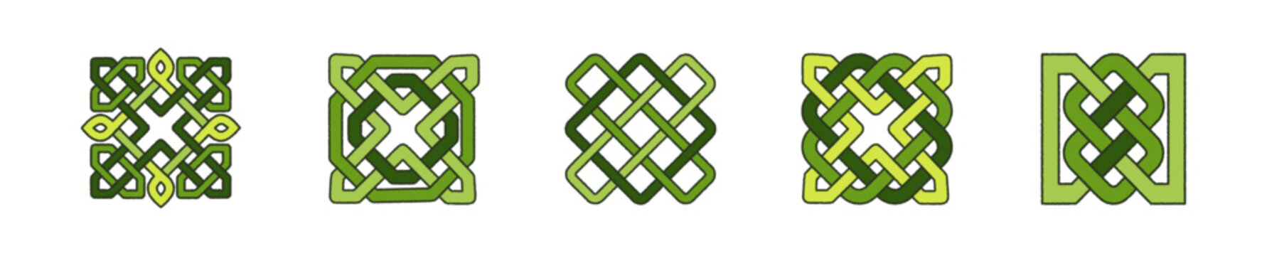Collection of five Celtic knot designs, traditional symbols of the Northern European cultures. Vector illustrations of intricate knotwork patterns.
