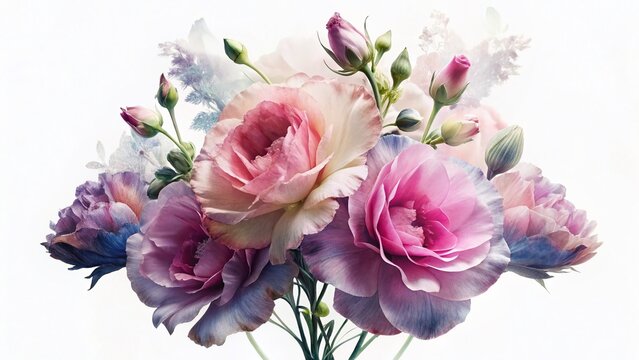 Pink Eustoma Flowers Double Exposure, Lisiantus, Texas Bluebell, Prairie Tulip Isolated on White Background