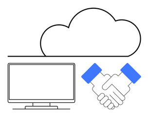 Cloud above computer monitor and handshake symbol. Ideal for cloud services, online collaboration, networking, tech support, digital business, data sharing, remote work. Line metaphor