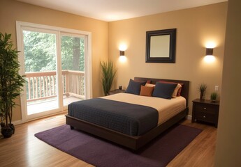 Fototapeta premium Cozy and Modern Bedroom with Sliding Glass Door and Contemporary Décor in Warm Earthy Tones