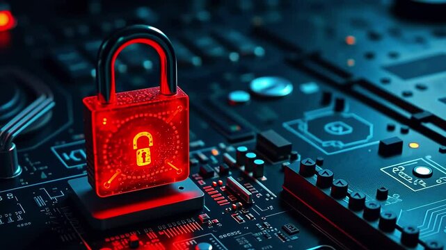 Digital security concept with a glowing red padlock on a circuit board, symbolizing cybersecurity challenges