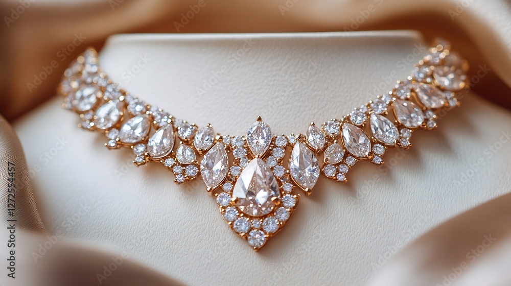Aufkleber elegant gold and crystal statement necklace set on soft fabric background : generative ai