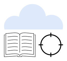 Open book below blue cloud with target symbol next to it. Ideal for online education, cloud storage, e-learning, data accuracy, digital library, academic goals, cloud computing. Line metaphor
