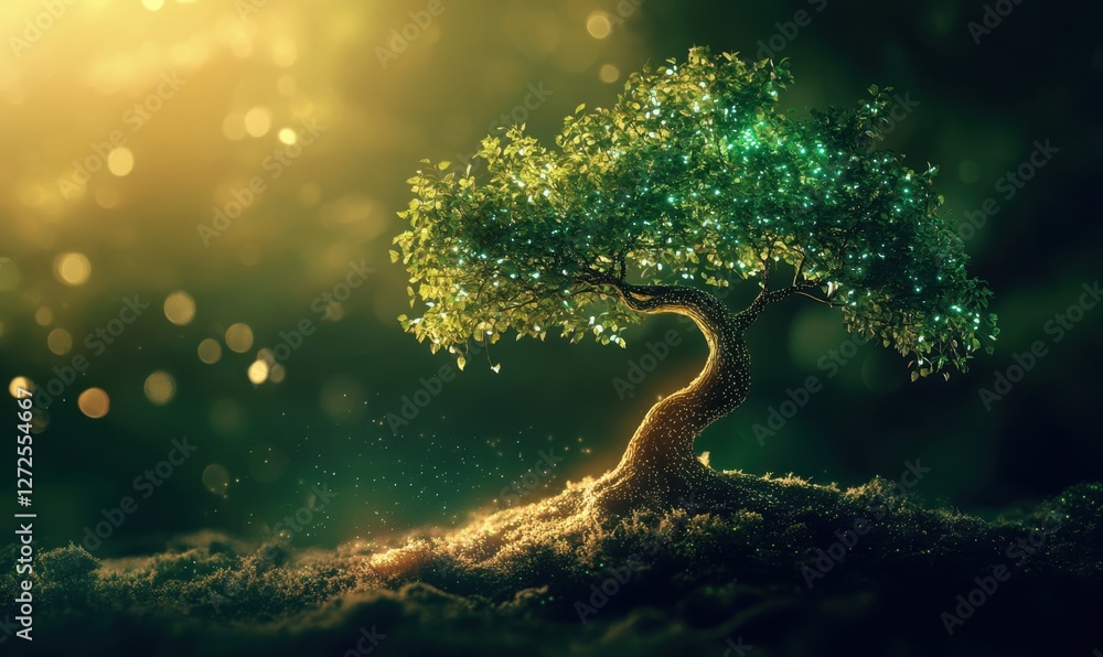 Poster a glowing tree surrounded by shimmering particles in a mystical forest setting at dusk
