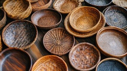 Collection of intricately woven handcrafted bamboo baskets, showcasing various sizes and patterns.  Artisan craftsmanship displayed in natural tones.