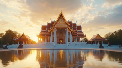 Naklejka premium Golden Temple Reflecting in Calm Water at Sunset
