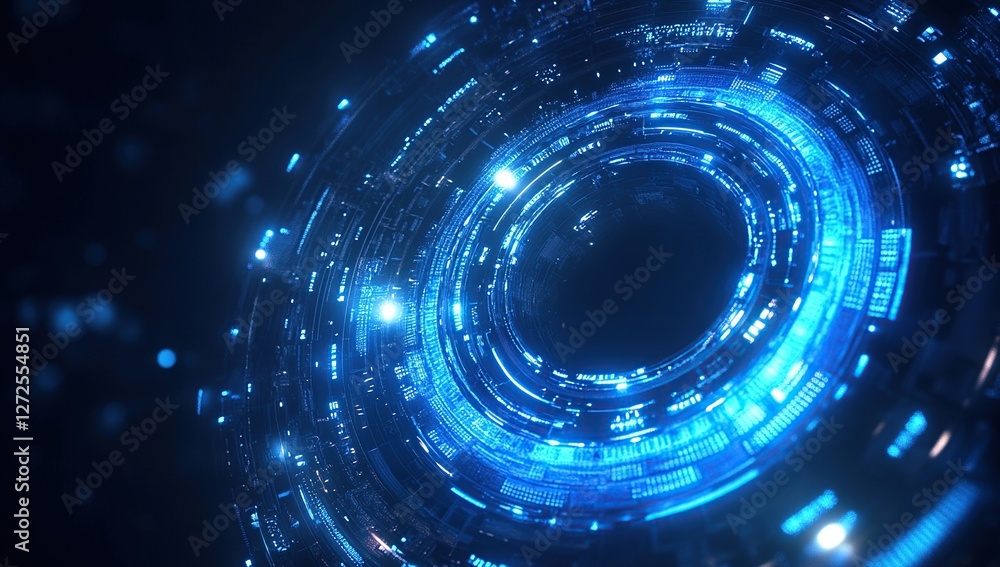 Poster digital vortex: exploring futuristic technology's circular design, illuminated with glowing blue hue