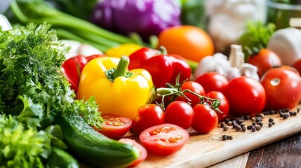 Fresh and colorful vegetables arranged on wooden cutting board for healthy cooking ideas : Generative AI