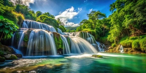 Obraz premium High-resolution aerial drone footage captures a stunning waterfall's cascading water, creating a dramatic, smooth long-exposure scene.