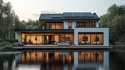 Fototapeta premium Modern two-story house with solar panels, reflecting in a calm lake at dusk.