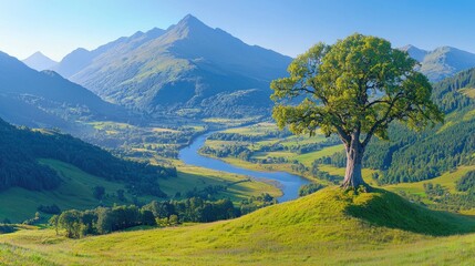 Lone tree on hilltop overlooking valley, river, and mountains. Scenic nature postcard