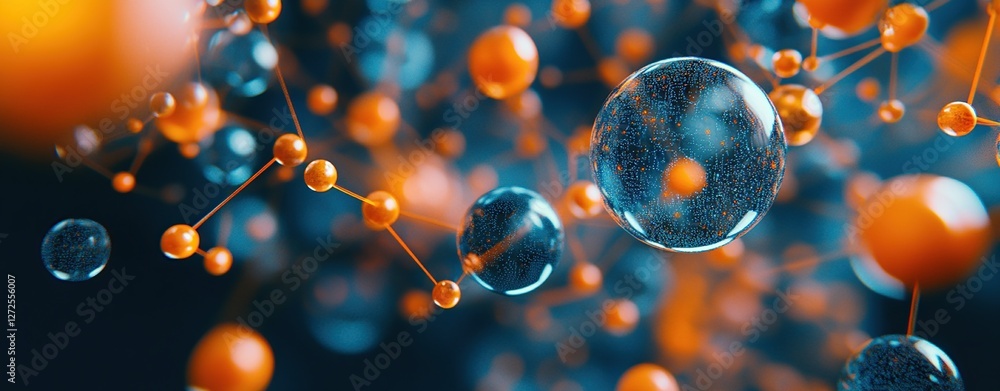 Poster exploring molecular structures: microscopic spheres interconnect and vibrate dynamically, revealing 