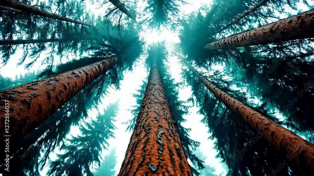 Poster low angle view of tall trees in a forest, sunlight filtering through the branches, creating a mystic
