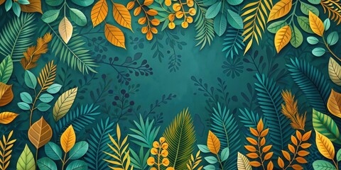 Obraz premium A Lush Tapestry of Teal and Golden Leaves, a Vibrant Botanical Design Featuring Intricate Foliage and a Central Open Space for Text or Imagery