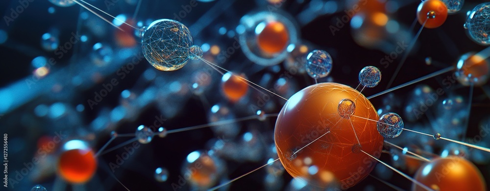 Poster abstract network: spheres interconnect dynamically in a complex system, illustrating connectivity an