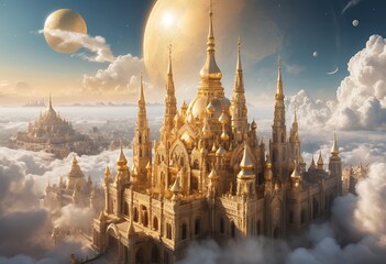 Naklejka premium Golden palace above clouds, majestic architecture