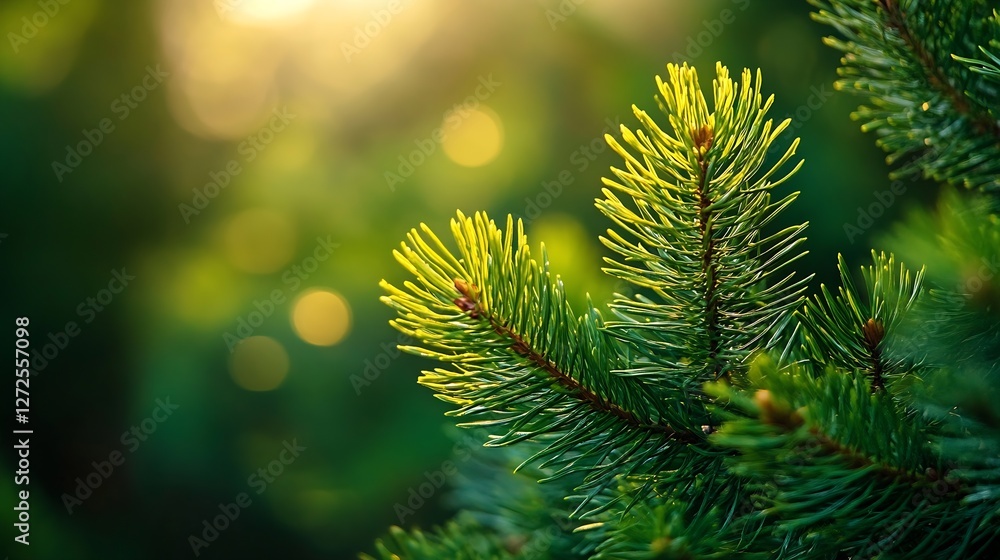 Aufkleber vibrant pine tree branch close up with sunlight and soft green background : generative ai