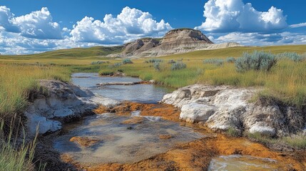 Prairie creek flows past badlands under cloudy sky