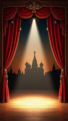 A captivating blend of American and Russian stage design, featuring Texas ranch wood, New Orleans jazz elegance, and Russian golden accents with a dramatic spotlighted performance backdrop