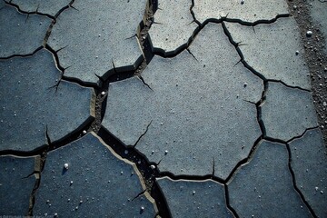Arid landscape showcasing a detailed view of cracked earth, revealing the intricate network of fissures and the granular texture of the dry soil.
