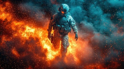 Soldier advancing through intense fire and smoke