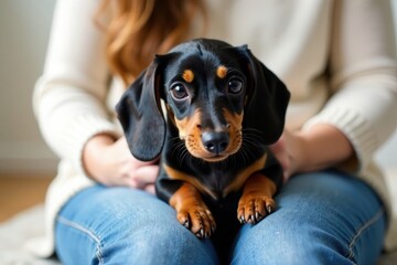 A small black and tan dachshund puppy sits contentedly on a person's lap, gazing intently at the camera, its paws neatly tucked, embodying the quiet joy of canine companionship.