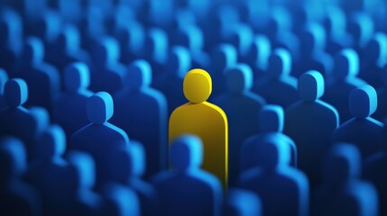Obraz premium One brilliant yellow leader figure among blue crowd, leadership, unique talent selection, business recruitment