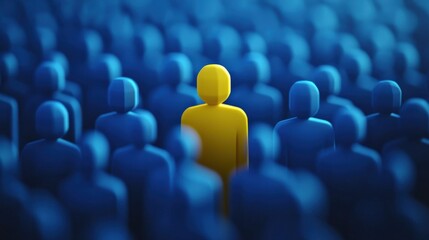 Fototapeta premium One brilliant yellow leader figure among blue crowd, leadership, unique talent selection, business recruitment
