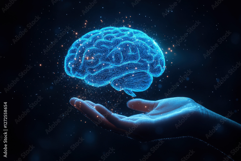 Poster a hand holds a digital holographic brain, representing the tangible interface of artificial intellig