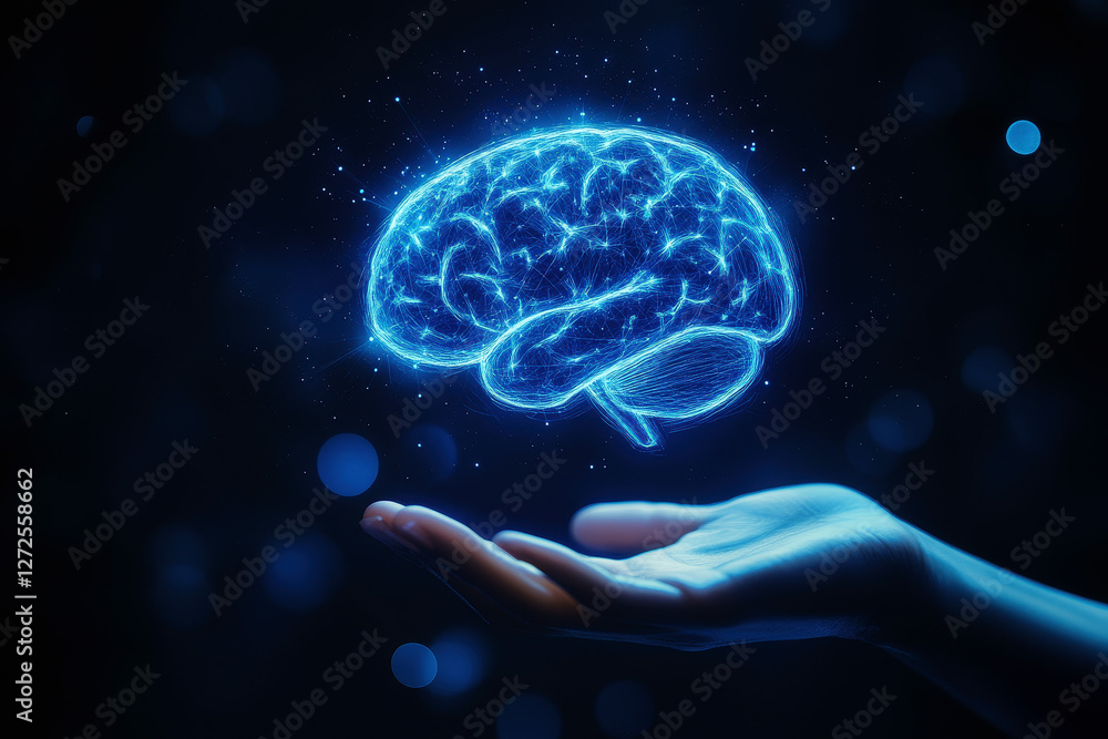Poster a hand holds a digital holographic brain, representing the tangible interface of artificial intellig