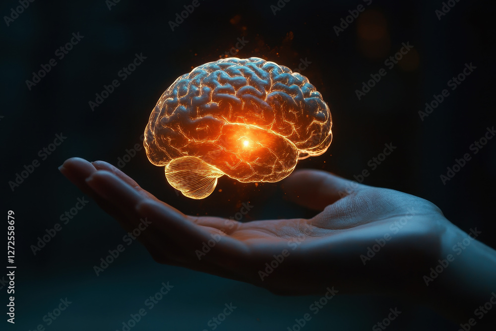 Poster a hand holds a digital holographic brain, representing the tangible interface of artificial intellig