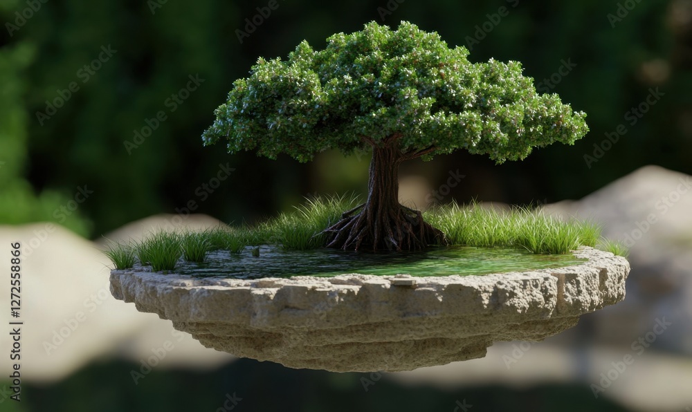 Poster a lush, green tree with intricate roots on a floating island amidst a serene natural backdrop
