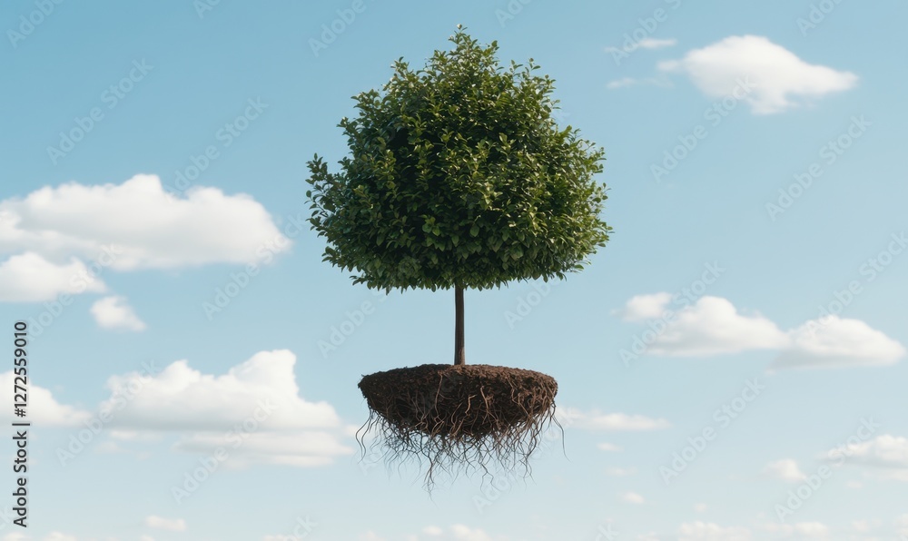 Poster a lush green tree with roots floating in the sky against a backdrop of fluffy clouds