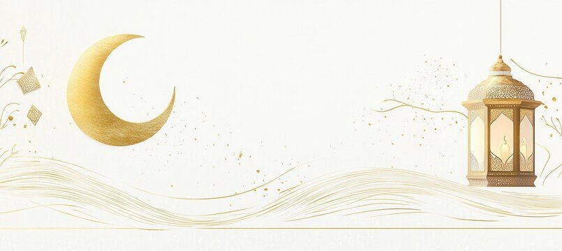 Golden Crescent Moon & Lantern, Elegant Islamic Design