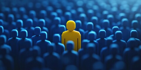 Fototapeta premium One brilliant yellow leader figure among blue crowd, leadership, unique talent selection, business recruitment