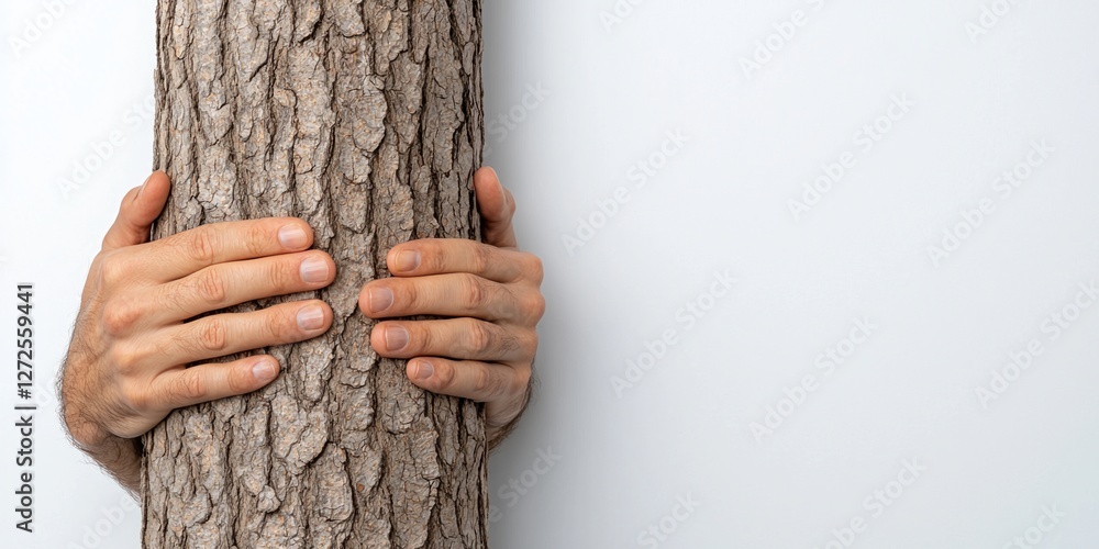 Poster community development concepts. a person embracing a tree with a light background.