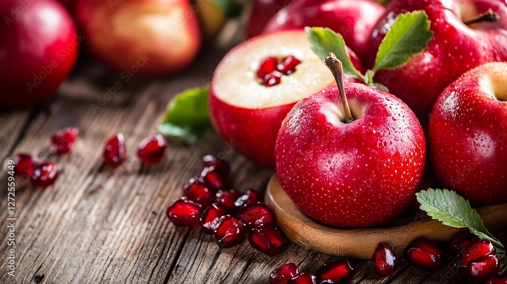 Aufkleber fresh and juicy red apples and pomegranate seeds on wooden table : generative ai