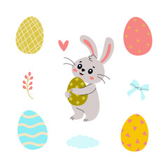 Colorful Easter bunny holds decorated egg surrounded by cheerful eggs and floral accents in a playful celebration