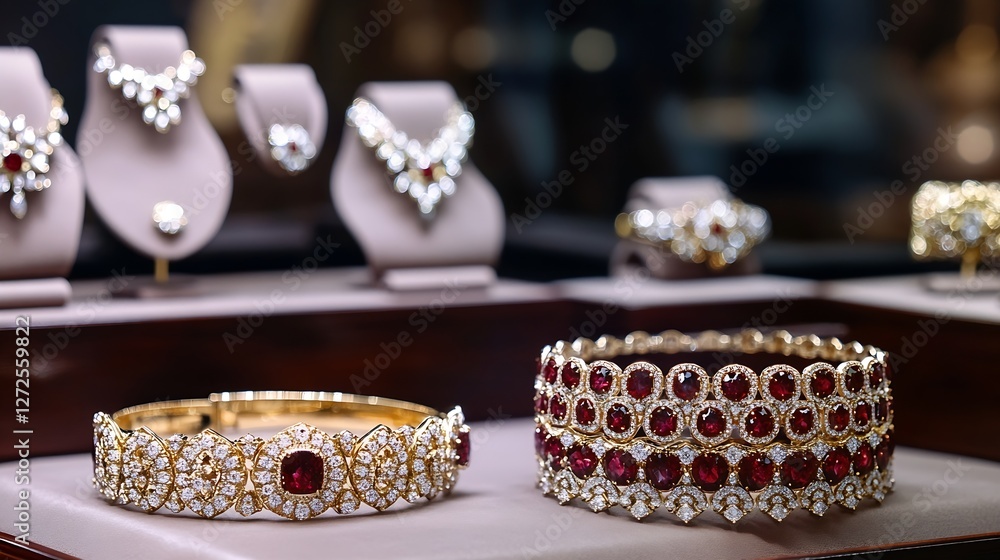 Poster elegant jewelry display featuring sparkling diamond and ruby accessories on velvet backdrop : genera
