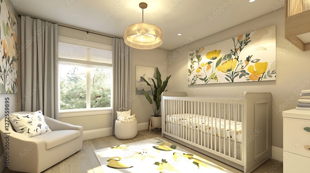 Poster bright and cozy nursery design featuring crib and calming decor elements : generative ai